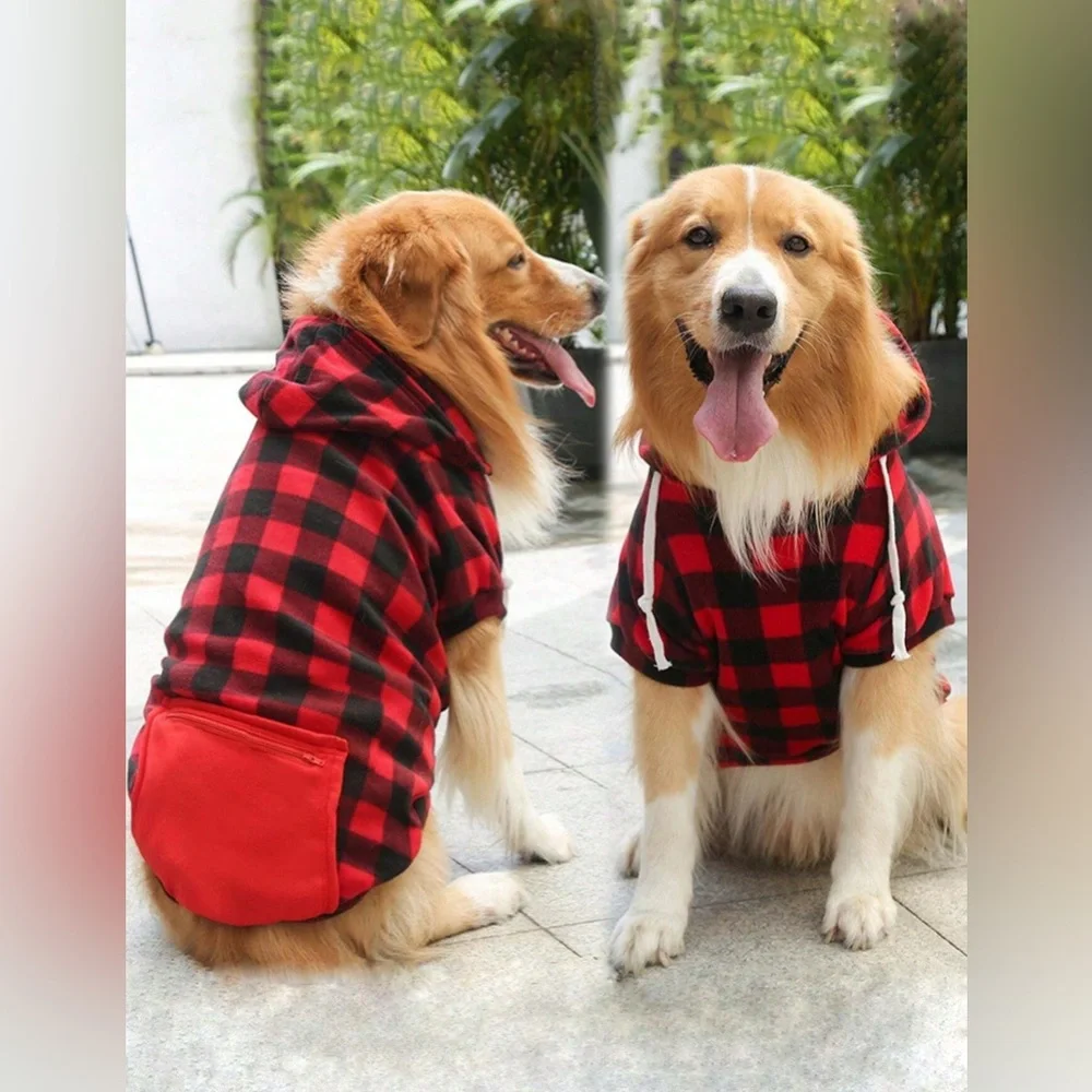 NWOT Red & Black Plaid Hooded Zipper Pocket Pet Sweatshirt for Dogs
